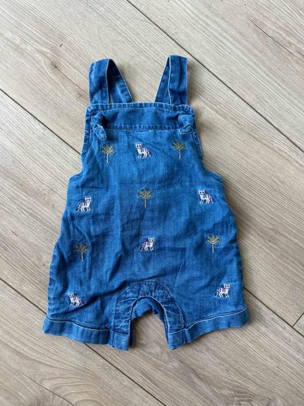 Janie and Jack Denim Short Overalls with Embroidered Animals and Trees